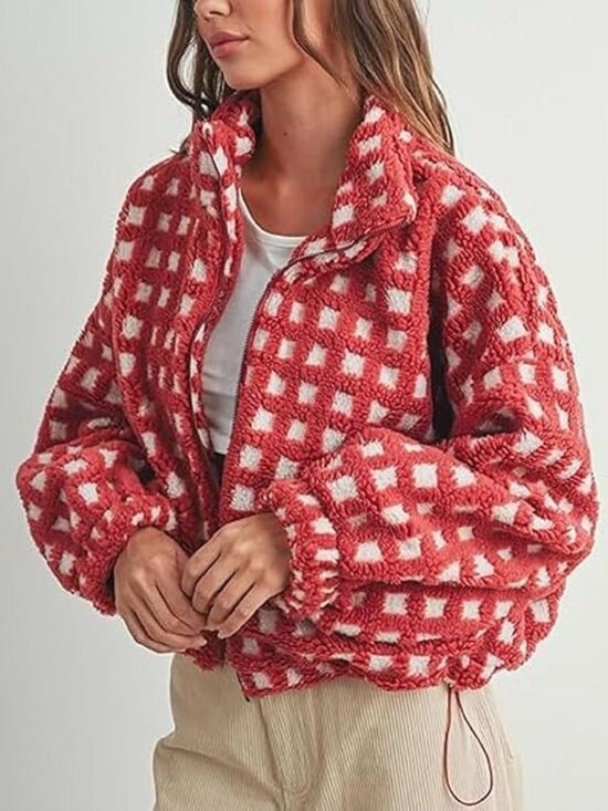 Jackets & Blazers - Textured Grid Checkered Sherpa Zip Jacket Pink Cream Oversized Cozy Cropped, L